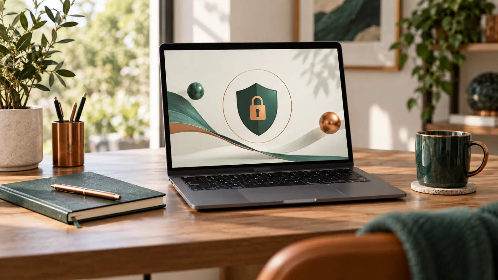 Ordinateur portable posé sur un bureau avec un carnet de notes à côté