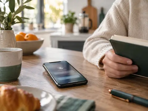 Smartphone affichant un écran de connexion illisible sur une table de cuisine