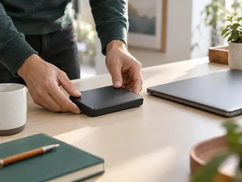 Personne préparant un disque externe anonyme pour sauvegarder ses données