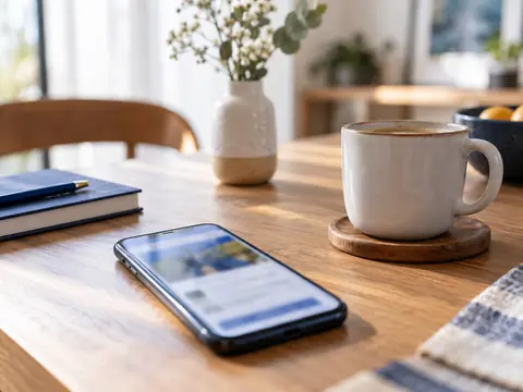 Smartphone posé sur une table, écran allumé mais illisible