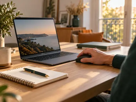 Main sur un ordinateur portable allumé sur un bureau familial