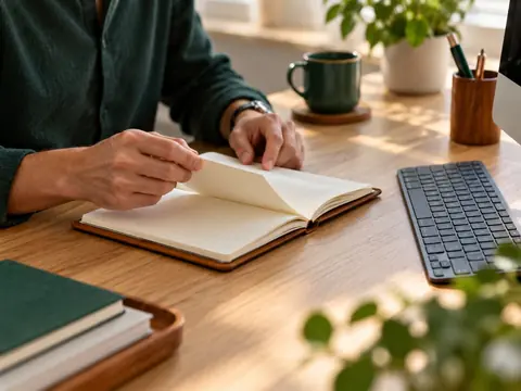 Mains feuilletant un carnet près d'un clavier d'ordinateur
