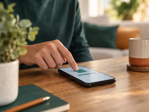 Adulte configurant une application sur un smartphone Android posé sur une table