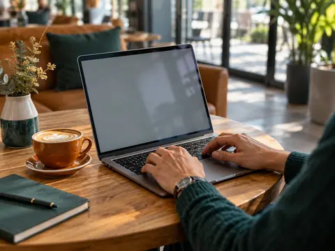 Ordinateur portable utilisé sur une table de café pour expliquer l'usage d'un VPN