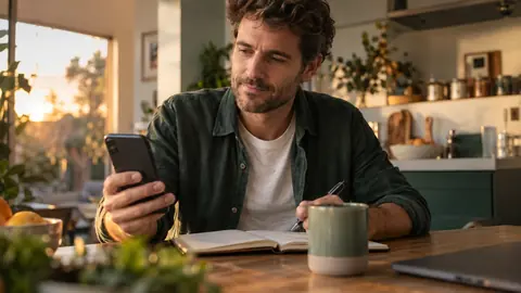 Parent consultant son téléphone avec un carnet de notes devant lui