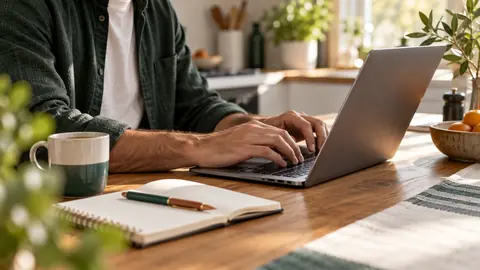 Mains d'un adulte devant un ordinateur portable avec un carnet ouvert