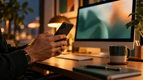 Personne comparant son iPhone à un écran d'ordinateur