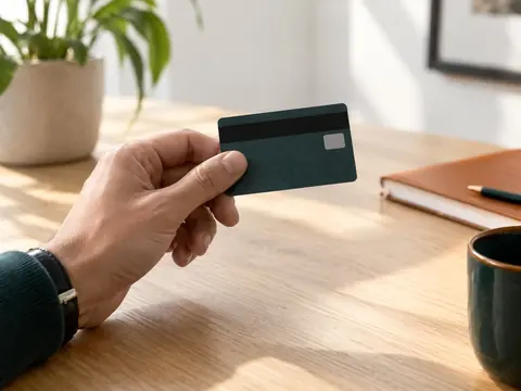 Main tenant une carte bancaire orientée face cachée