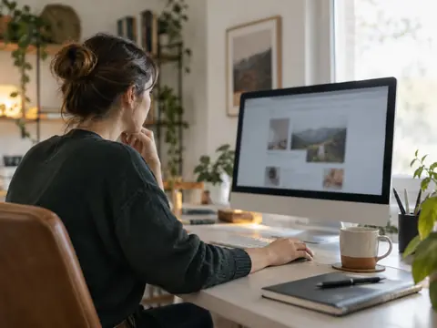Personne assise à un bureau, attentive devant son écran