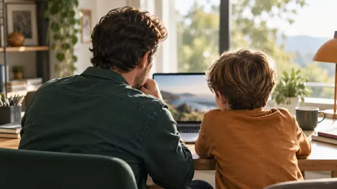 Adulte et enfant devant un écran d'ordinateur