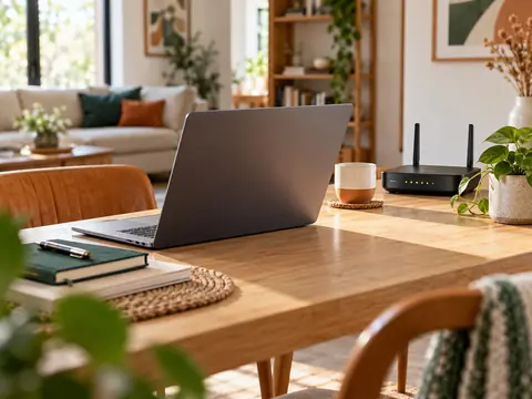 Ordinateur portable et routeur Wi-Fi posés sur un bureau familial