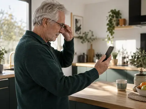 Senior examinant un message reçu sur son smartphone avec méfiance