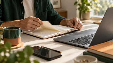 Mains feuilletant un carnet près d'un ordinateur portable