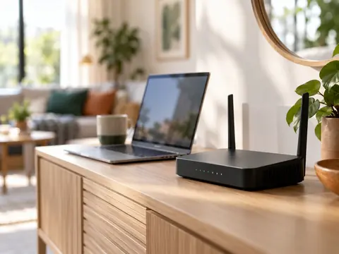 Routeur Wi-Fi et ordinateur portable posés sur un meuble dans un salon