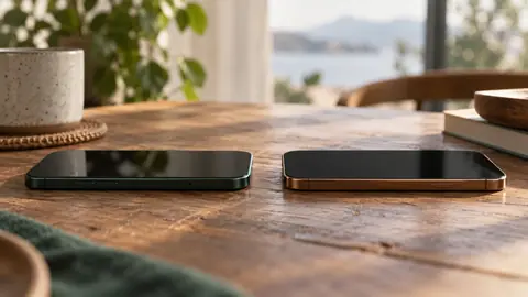Deux téléphones posés face à face sur une table, écrans éteints.