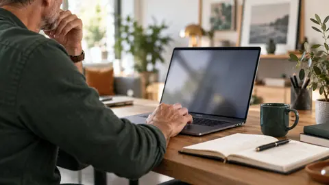 Adulte devant son ordinateur portable sur un bureau familial