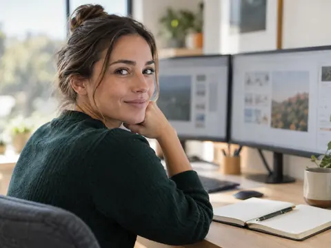 Personne comparant deux écrans avec un carnet de notes sur le bureau