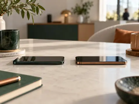 Deux smartphones posés face à face, écrans éteints
