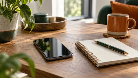 Un smartphone éteint posé sur un bureau à côté d'un carnet