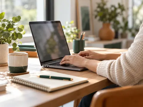 Mains d'un adulte sur le clavier d'un ordinateur portable posé sur un bureau familial