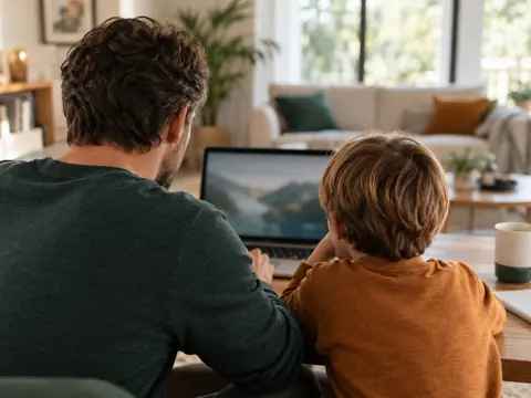 Adulte et enfant devant un même ordinateur dans le salon