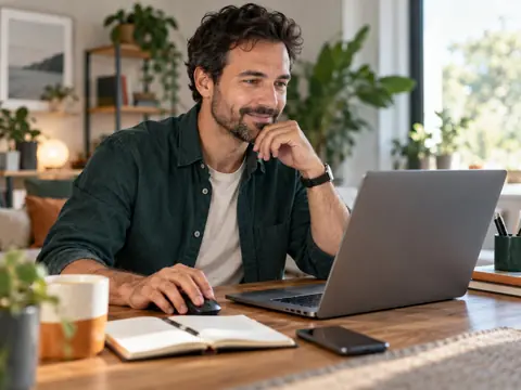 Adulte devant un ordinateur portable sur un bureau familial