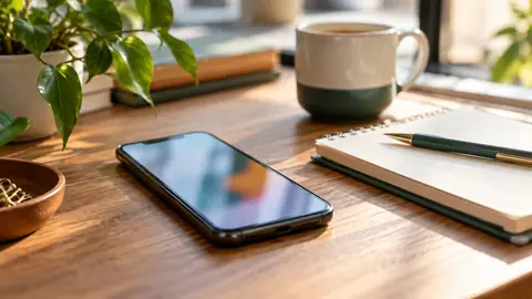 Smartphone posé sur un bureau à côté d'un carnet, écran illisible