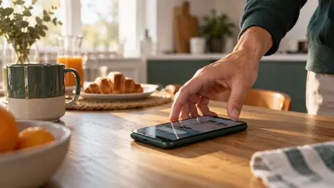 Smartphone affichant un écran illisible sur une table de cuisine