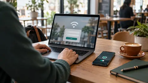 Personne utilisant un VPN sur son ordinateur dans un lieu public