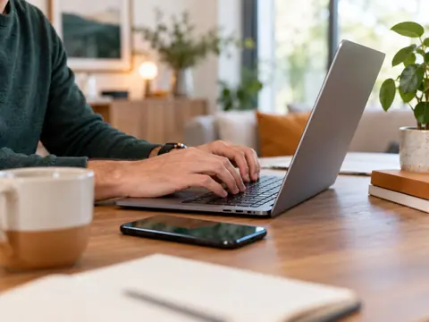 Ordinateur portable et smartphone posés sur un bureau familial, mains d'un adulte sur le clavier