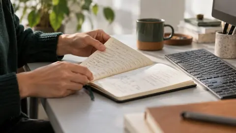 Mains feuilletant un carnet près d'un clavier
