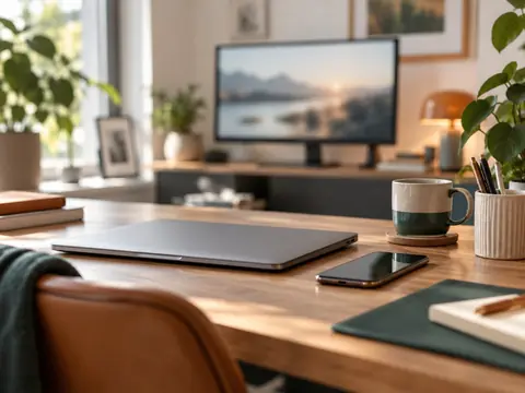 Écran d'ordinateur flou en arrière-plan sur un bureau calme