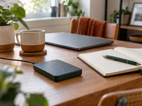 Disque dur externe et carnet sur un bureau familial