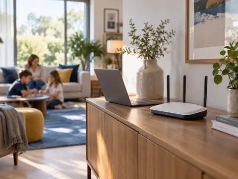 Routeur Wi-Fi et ordinateur portable sur un meuble de salon