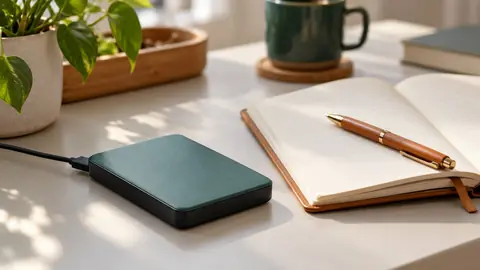 Disque dur externe posé à côté d'un carnet sur un bureau
