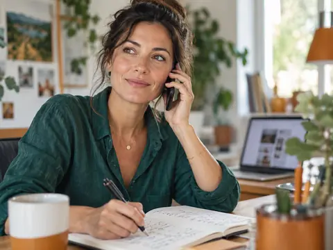 Personne au téléphone avec un carnet ouvert devant elle