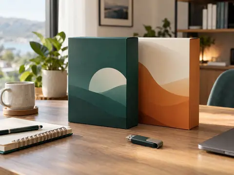 Boîtes de logiciels anonymes et clé USB sur un bureau