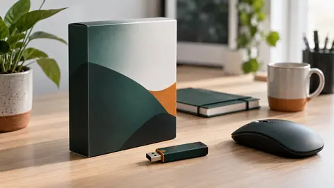 Boîte de logiciel anonyme et clé USB sur un bureau, sans marque visible
