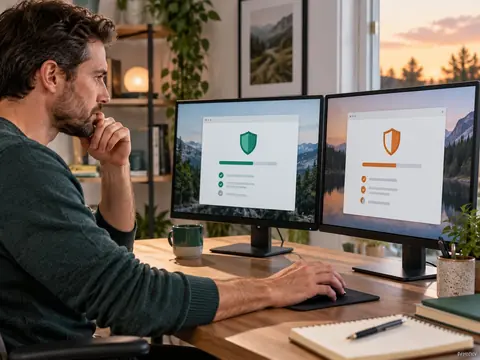 Utilisateur comparant deux offres d'antivirus sur son ordinateur