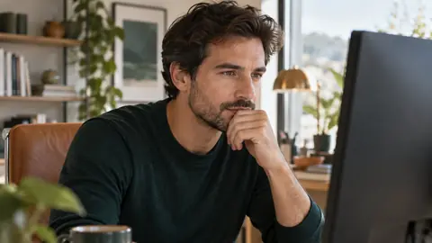 Personne devant un écran d'ordinateur, expression attentive