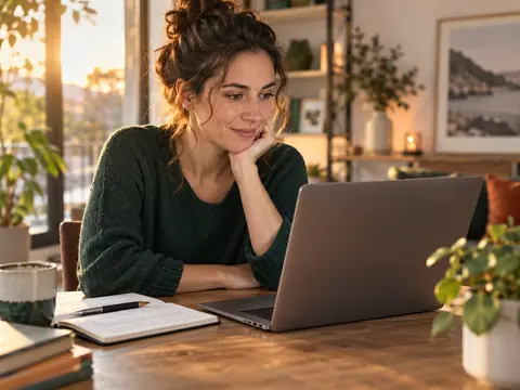 Personne assise devant un ordinateur portable sur un bureau familial, carnet de notes à côté