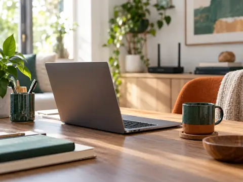 Ordinateur portable et routeur Wi-Fi sur un bureau à la maison