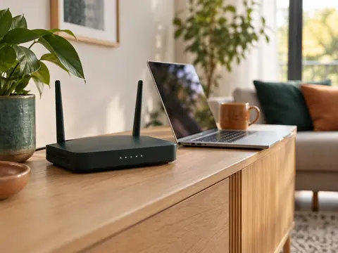 Routeur Wi-Fi et ordinateur portable posés sur un meuble dans un intérieur familial.