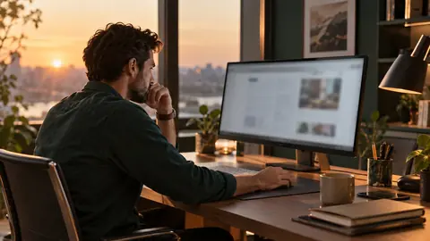 Personne attentive devant un écran sur un bureau