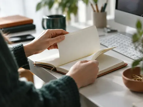 Mains feuilletant un carnet près d'un clavier