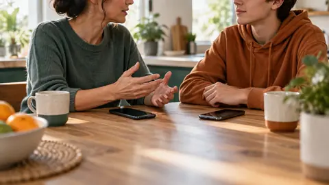 Parent et adolescent discutant téléphone en main
