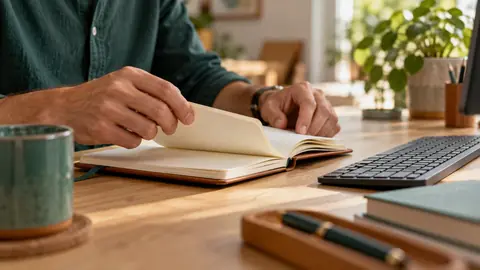 Mains feuilletant un carnet de notes près d'un clavier d'ordinateur.