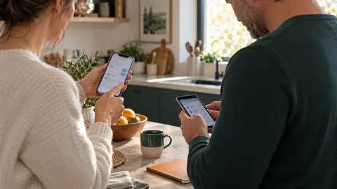 Deux personnes vérifiant ensemble un message reçu sur deux téléphones