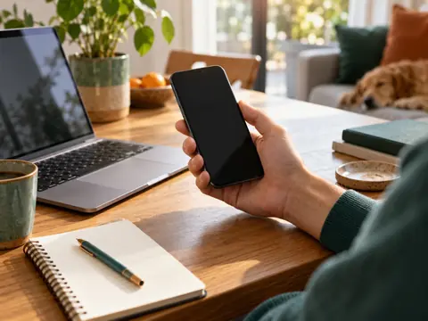 Parent configurant le contrôle parental sur son smartphone à côté d'un ordinateur
