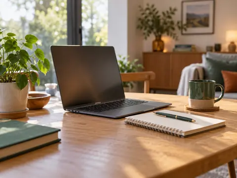 Ordinateur portable ouvert sur un bureau familial près d'un carnet